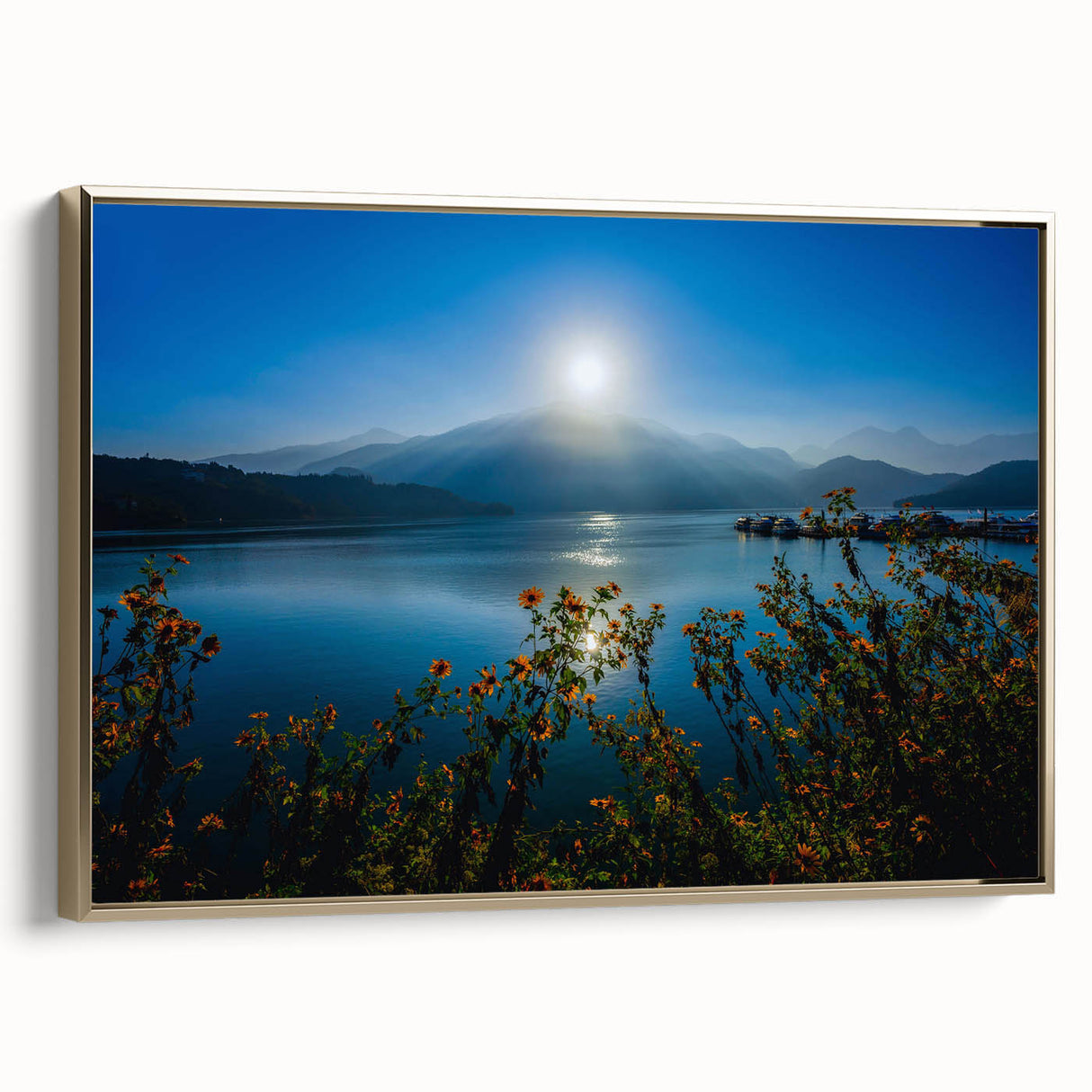 Framed canvas featuring a vintage-style landscape painting of Taiwan scenery in black and gold tones.