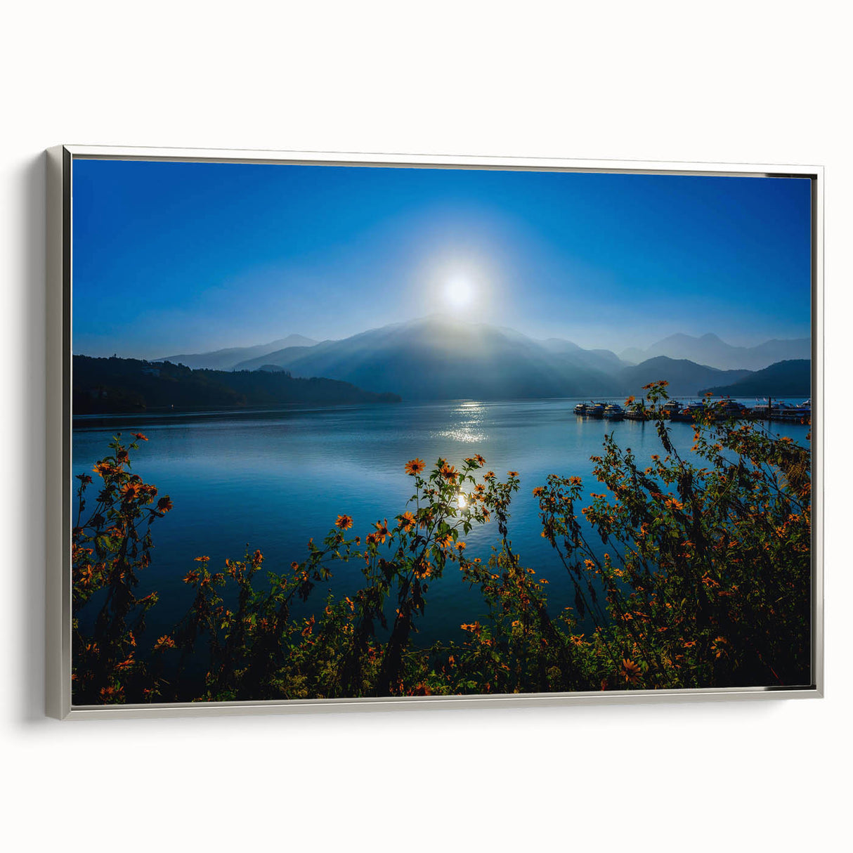 Landscape art painting of a Taiwanese scenery on a framed canvas, featuring vintage poster style and a colorful palette.