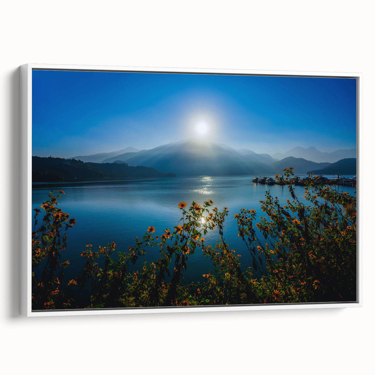 Vintage poster art of a Taiwanese landscape on framed canvas, featuring vibrant colors, ideal for living room decor.