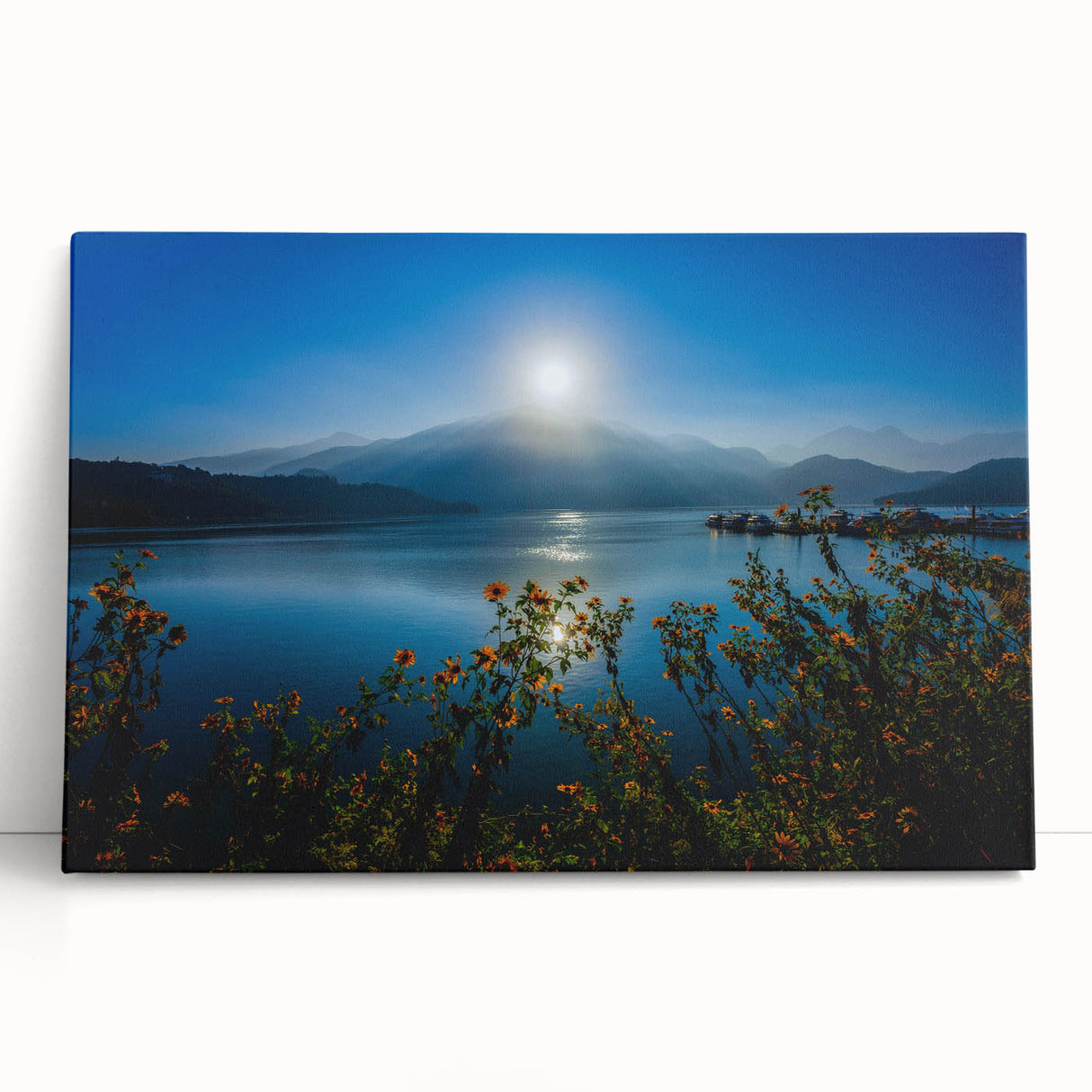 Black and white stretched canvas of a tranquil Taiwanese landscape, ideal for kitchen wall art or bedroom decor.