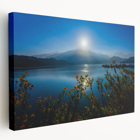 Side view of a large stretched canvas depicting a serene Taiwanese landscape in soft earth tones, ideal for kitchen wall art.