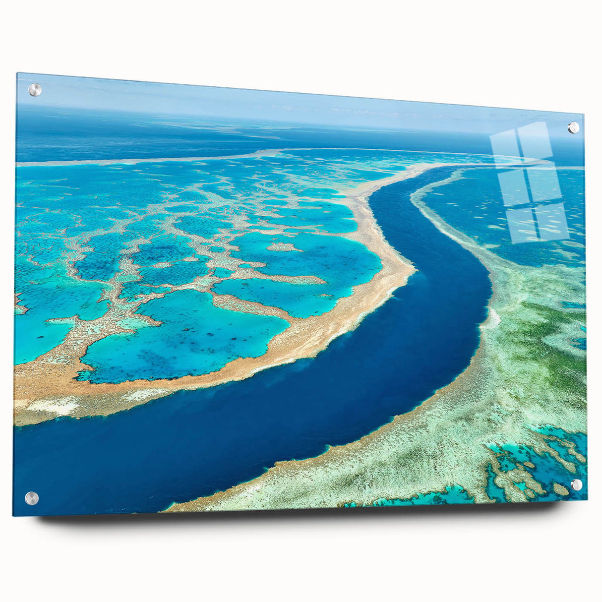 Acrylic print of a large abstract depiction of Brisbane, featuring vivid blue and green tones, perfect for dining room decor.