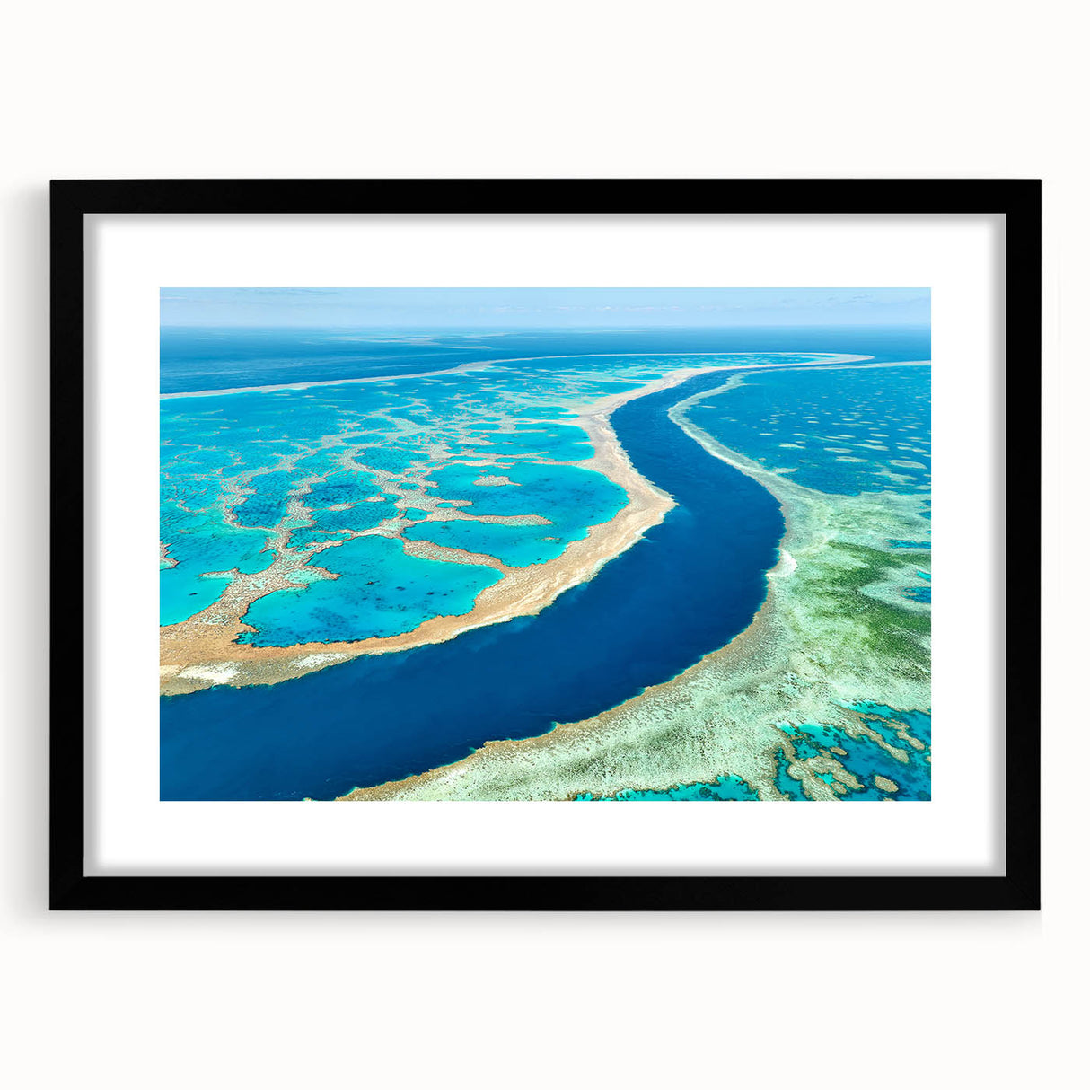 Extra large abstract art print of colorful, textured scenery, framed in black, suitable for living room decor.