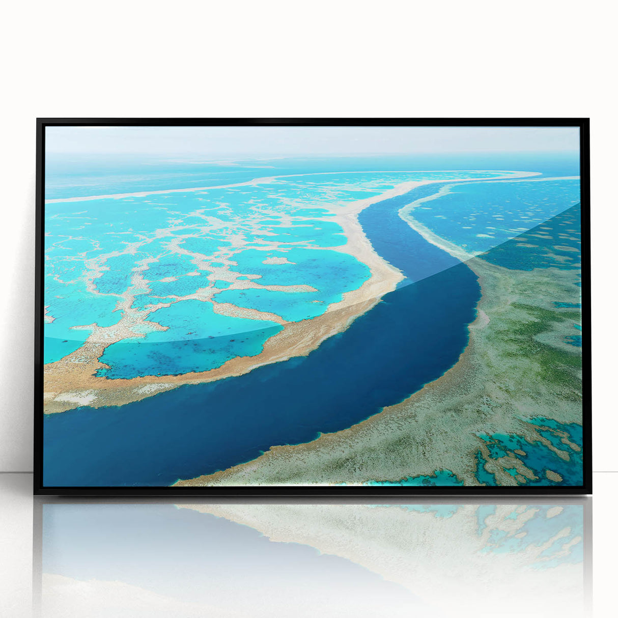 Large abstract wall art depicting the Brisbane skyline in muted gray and blue tones, framed in black acrylic.