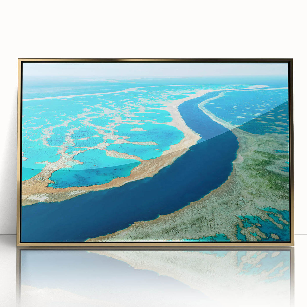 Mid-century modernist art of Brisbane skyline in muted gold and blue tones on acrylic framed print.