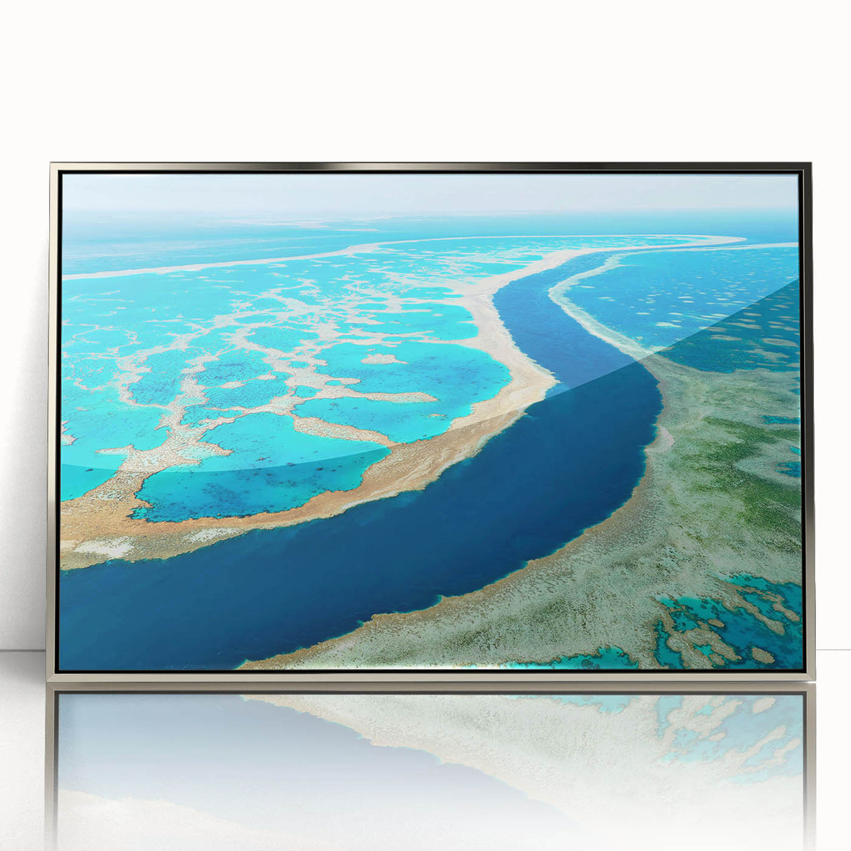 Framed acrylic print of Brisbane skyline in silver with art deco influence, suitable for modern art wall decor.