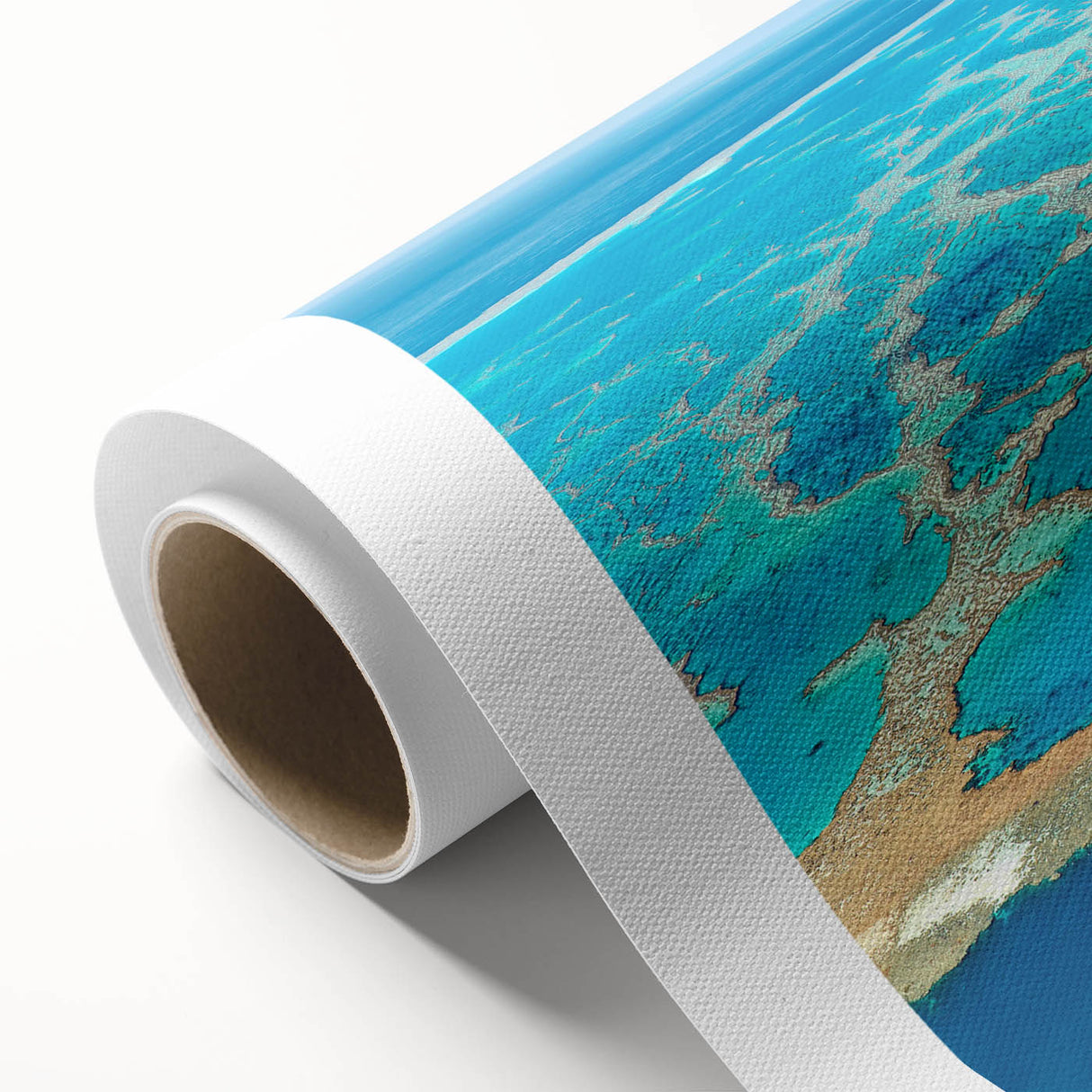 Art Deco-style Brisbane skyline on rolled canvas, featuring pastel blue and pink tones, ideal for nursery wall art.