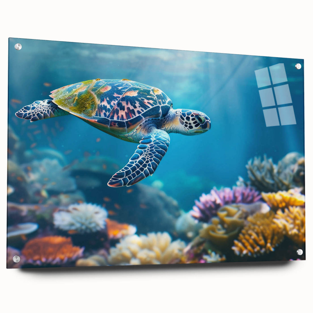 Acrylic print of the Great Barrier Reef in vibrant blues and greens, suitable for bedroom or dining room decor.