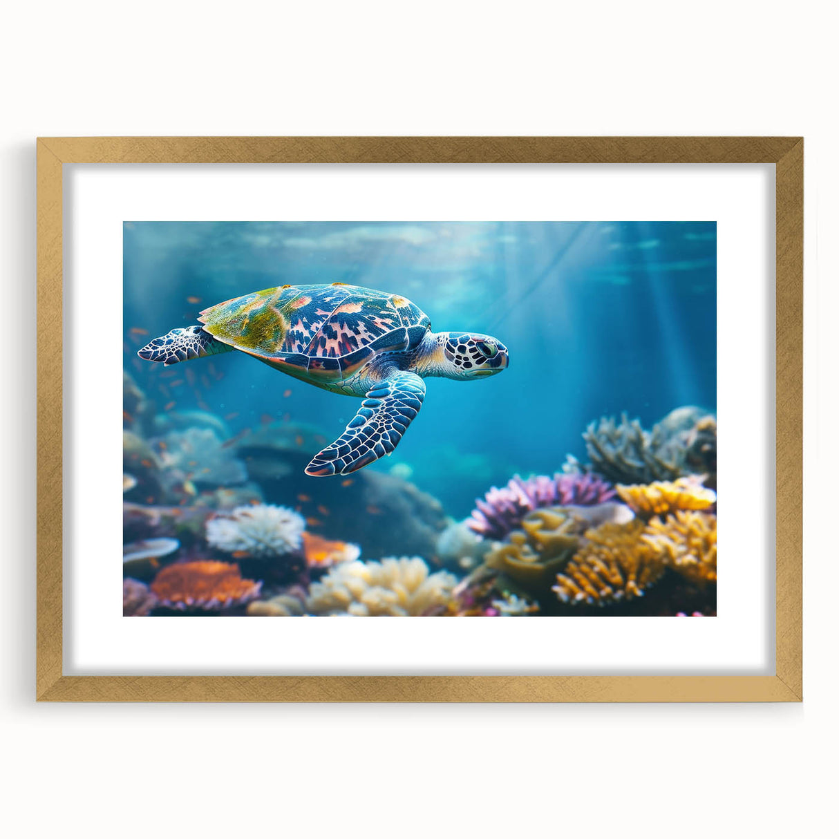 Textured art print of the Great Barrier Reef in abstract style, with vibrant blue and green tones on a gold-framed canvas.
