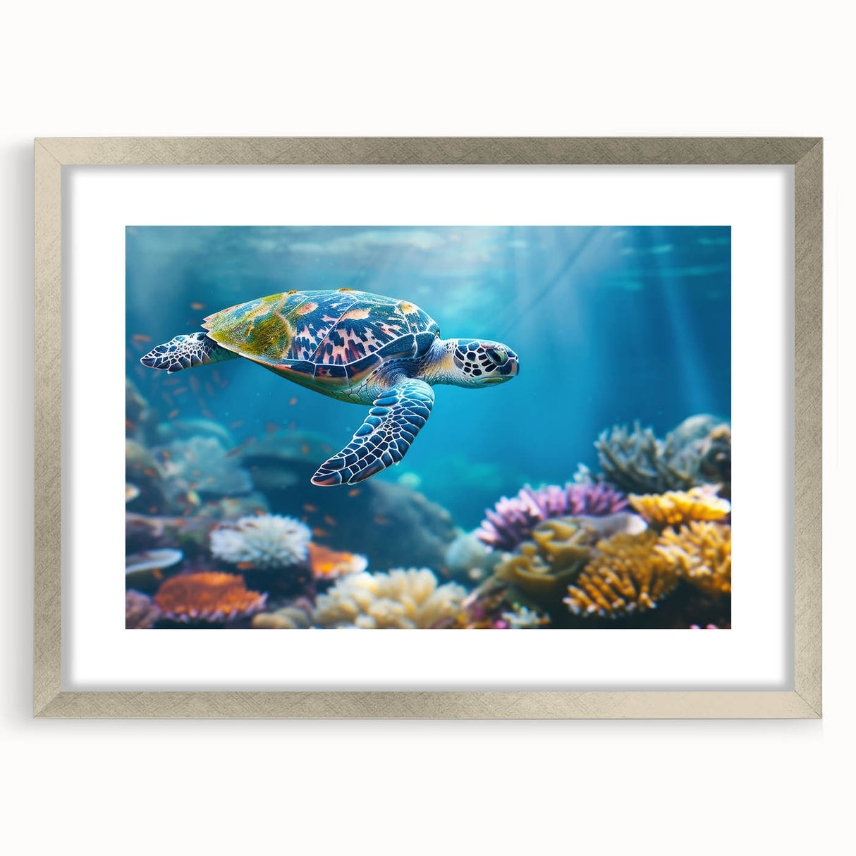 Abstract art print of the Great Barrier Reef in blue and green tones on a framed canvas.