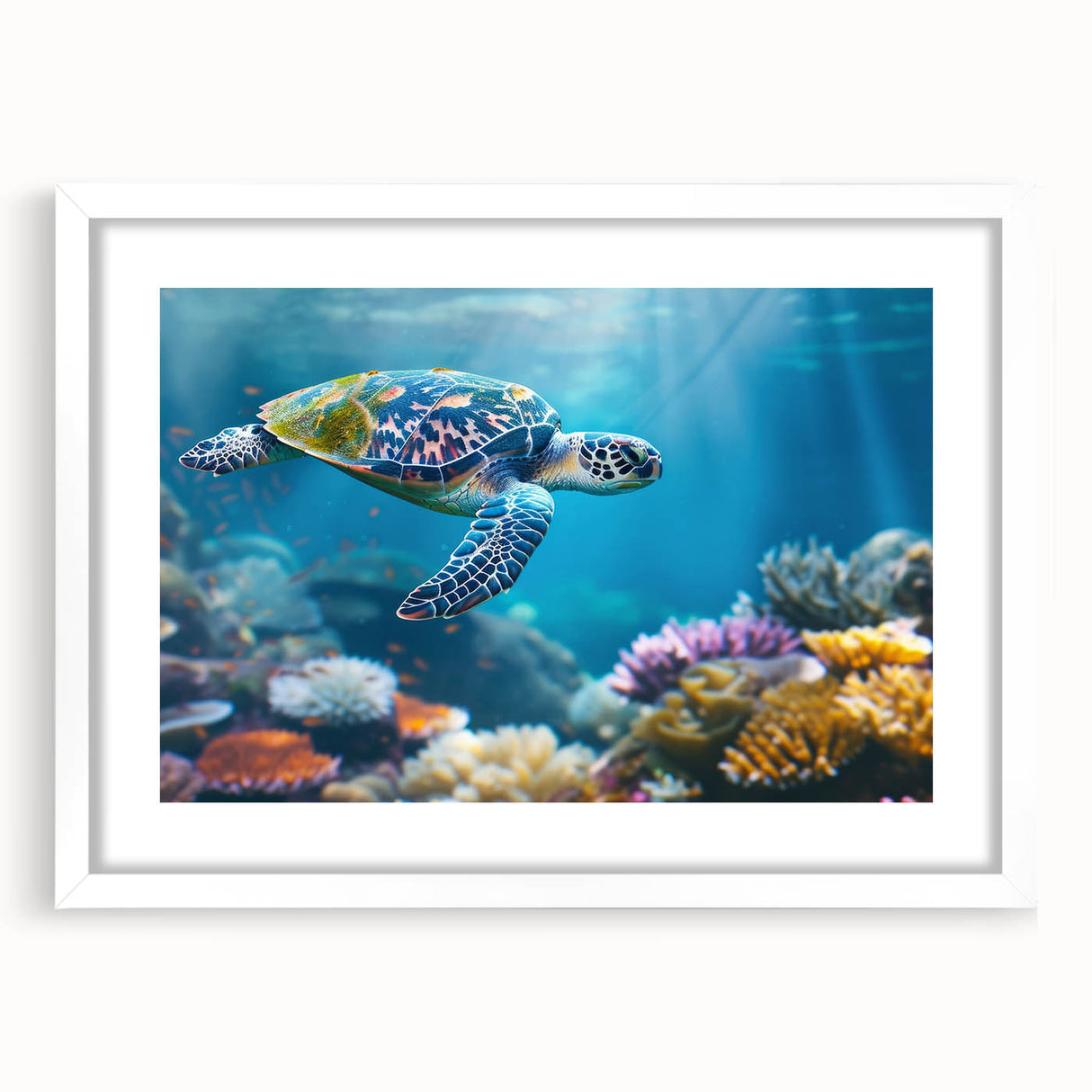 Extra large abstract print of the Great Barrier Reef in vibrant blue and green tones on a white framed canvas.
