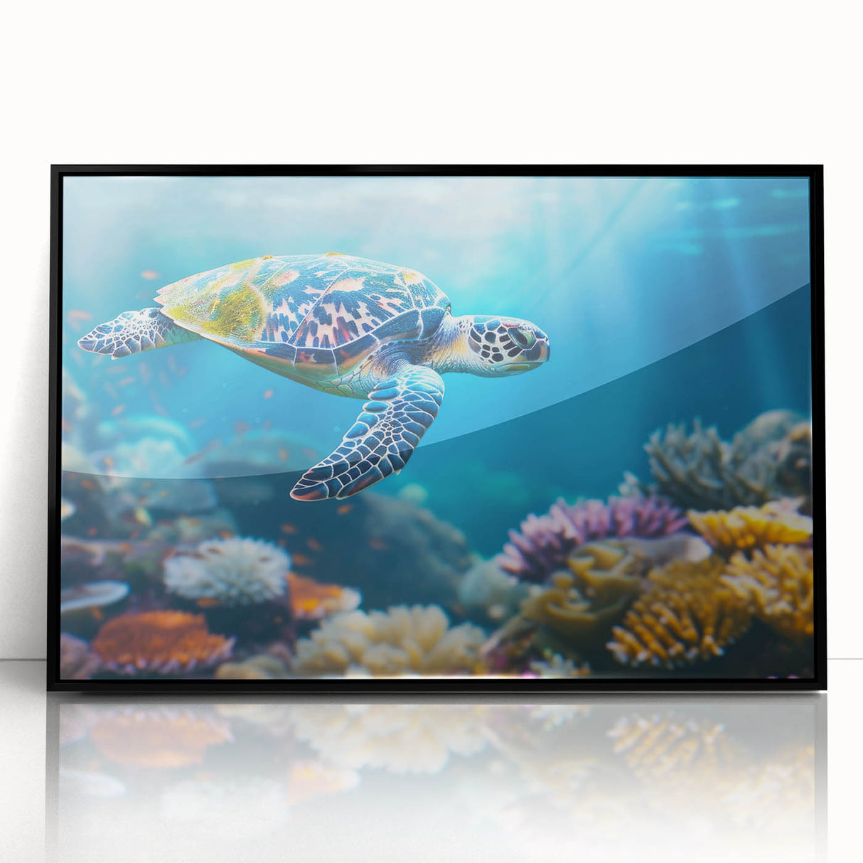 Large abstract wall art depicting the Great Barrier Reef in vibrant blue and green tones on a framed acrylic.