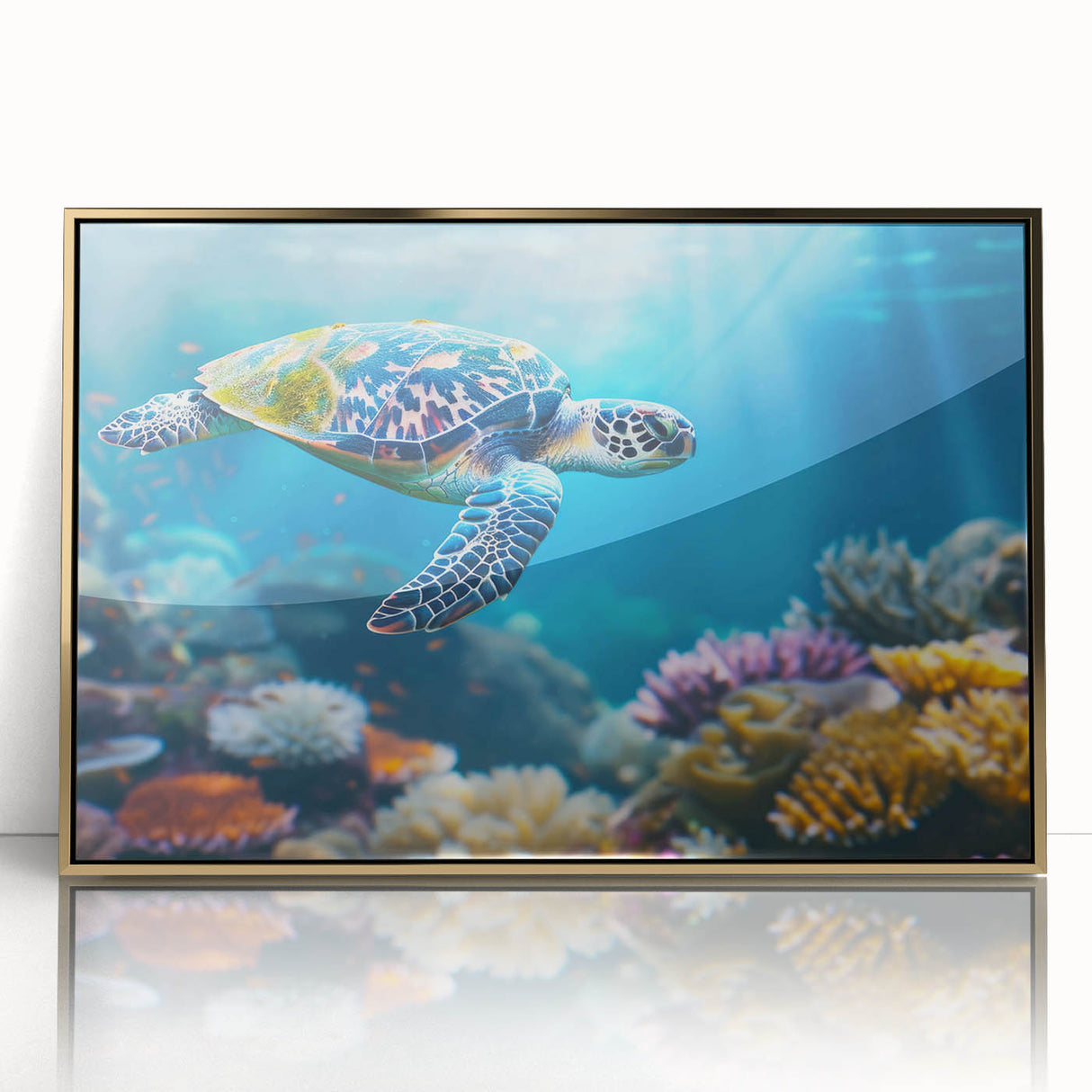 Mid-century modernist art depicting the Great Barrier Reef in vibrant blue and green tones, framed acrylic.