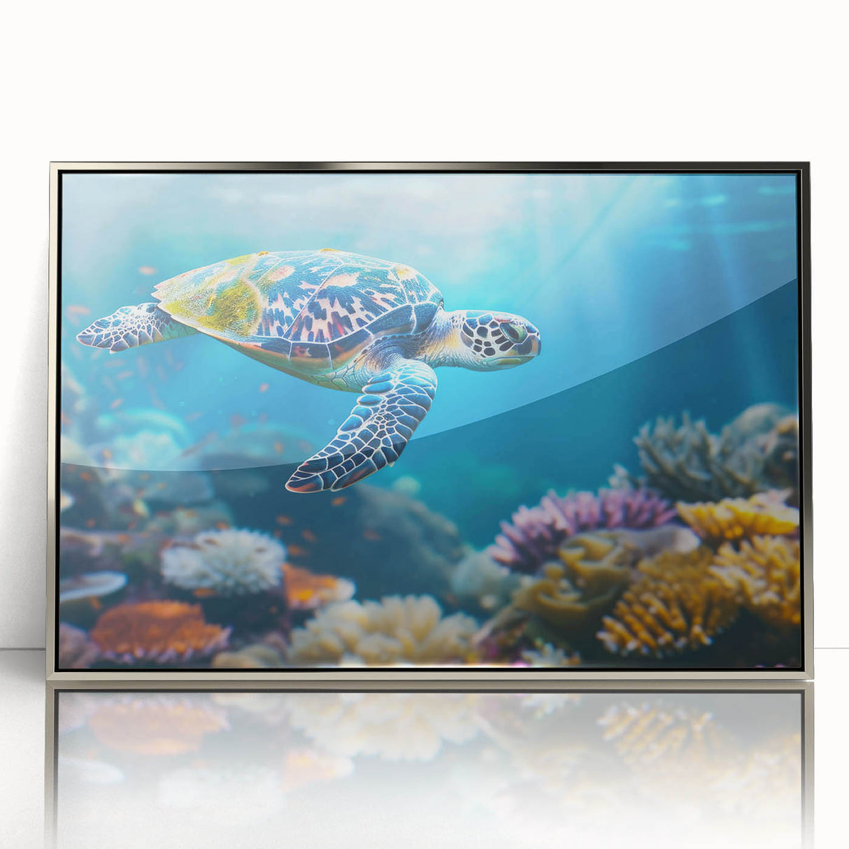 Acrylic print of the Great Barrier Reef in cool blues and greens, framed in silver, suitable for modern art wall decor.