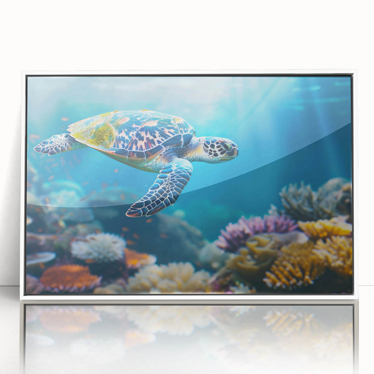 Framed acrylic print of the Great Barrier Reef in vibrant blue and green tones, ideal for modern art wall decor.