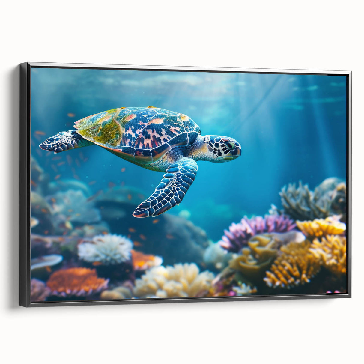 Black and white framed canvas of the Great Barrier Reef, ideal for bedroom wall art in a vintage style.