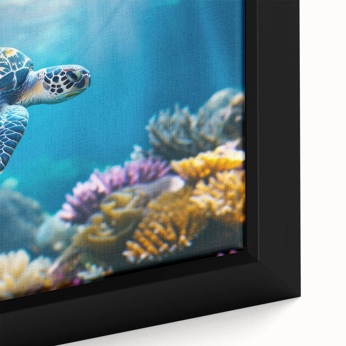 Framed canvas of the Great Barrier Reef featuring textured, colorful art on a black background, ideal for living room decor.
