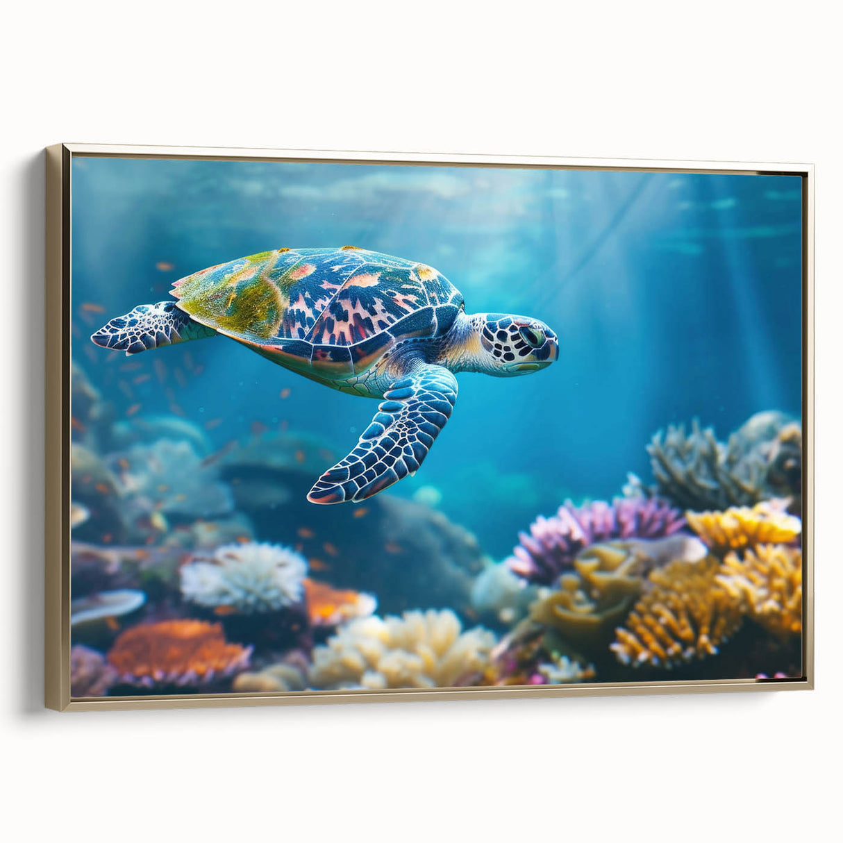 Landscape art painting of the Great Barrier Reef on framed canvas, featuring vibrant blue and green tones.