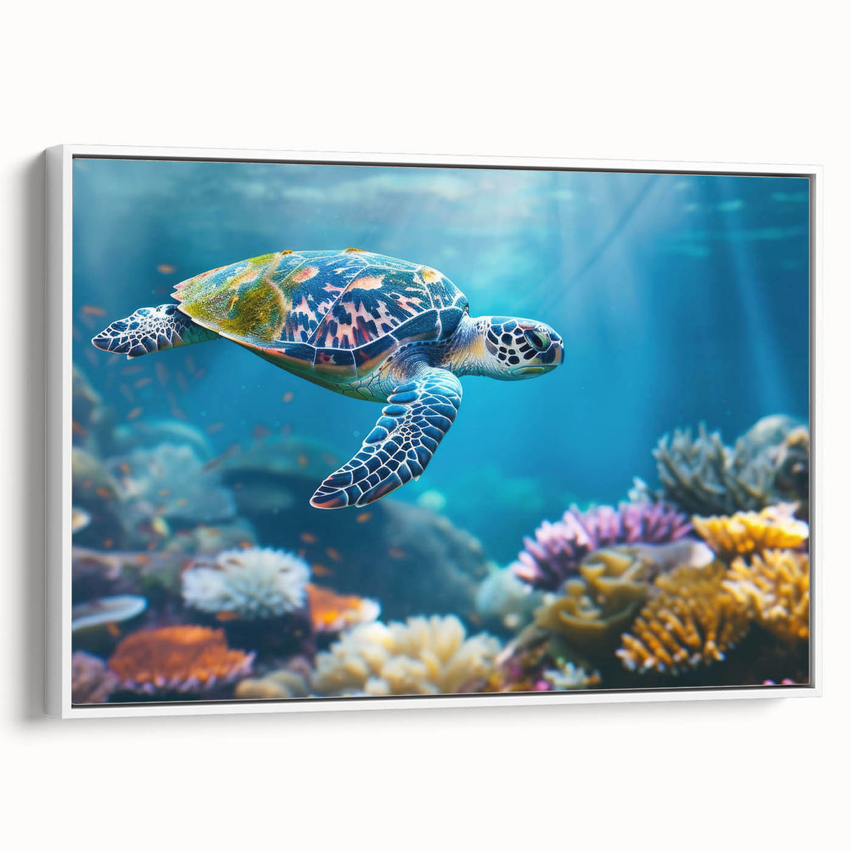 Framed canvas of the Great Barrier Reef in muted blues and greens, ideal for bedroom wall art.