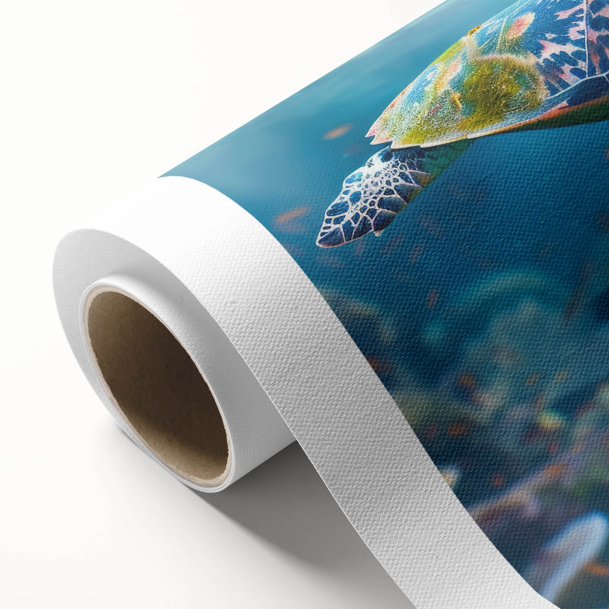 Art deco poster depicting the Great Barrier Reef in vibrant blues and greens on rolled canvas, ideal for nursery wall art.