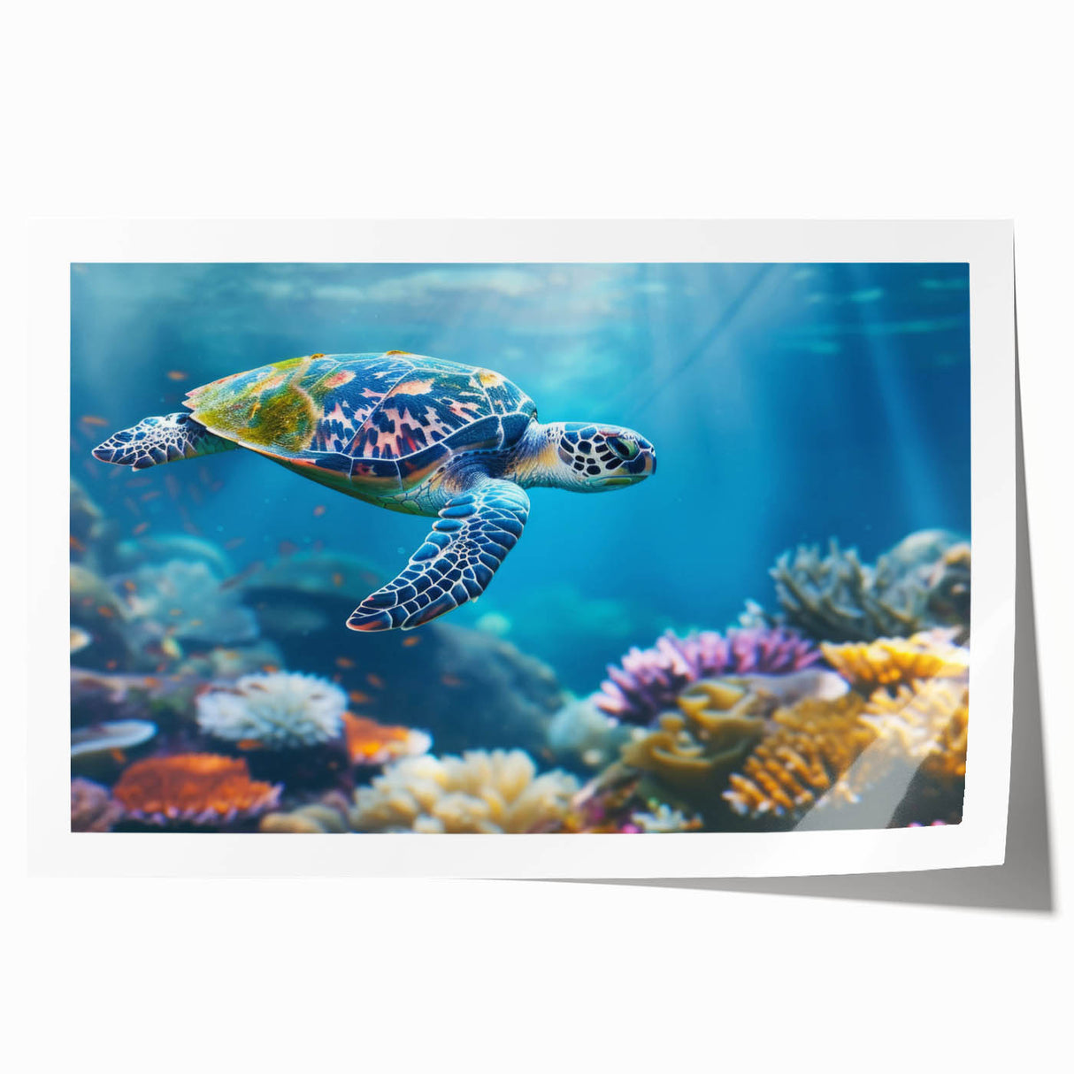 Extra large rolled print of the Great Barrier Reef in vibrant blue and green tones, suitable for dining room wall art.