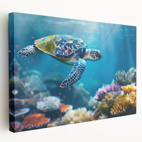 Large art print of the Great Barrier Reef on stretched canvas, featuring vibrant marine blues and greens.