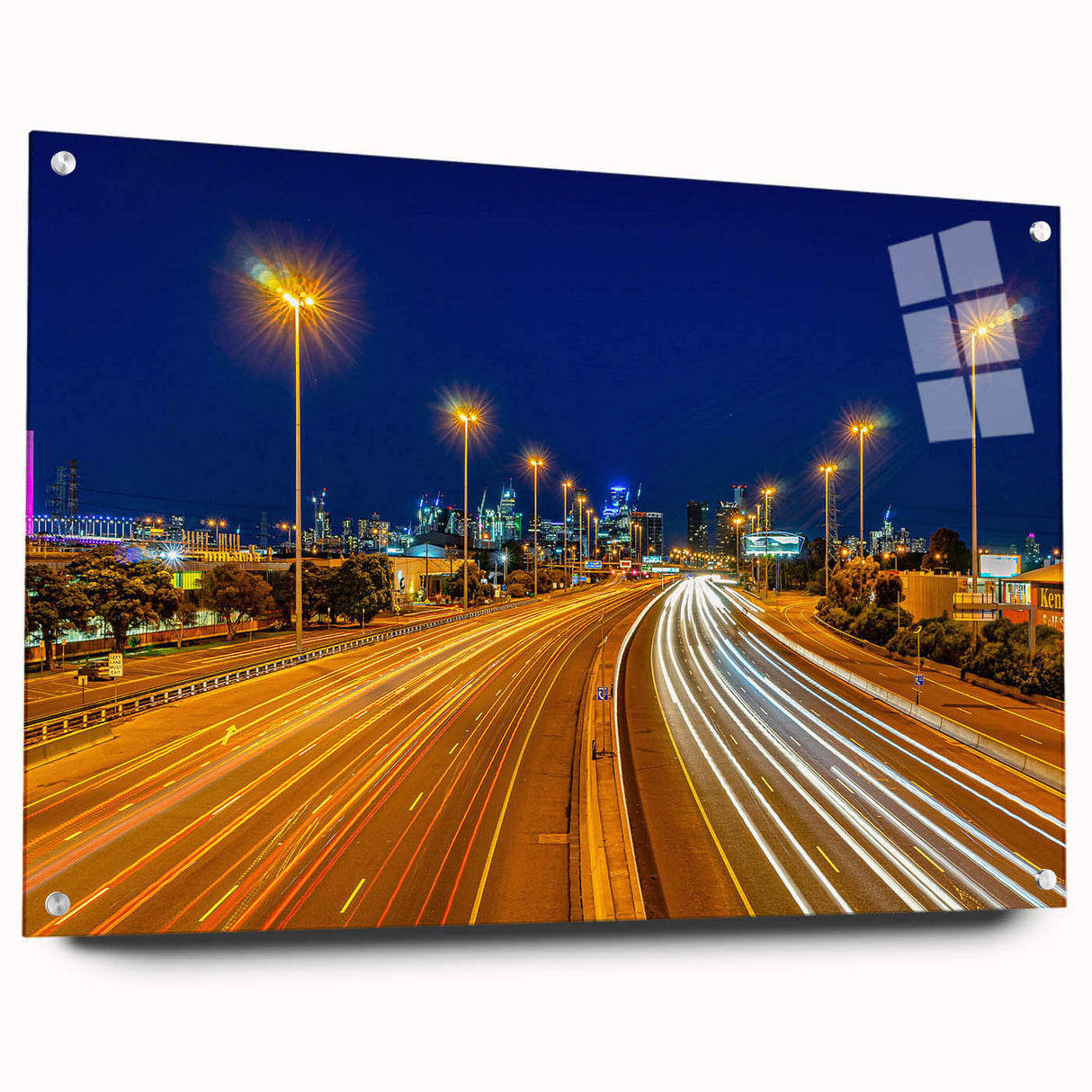 Abstract Melbourne skyline in muted blue and gray on acrylic glass, ideal for modern bedroom or dining room decor.