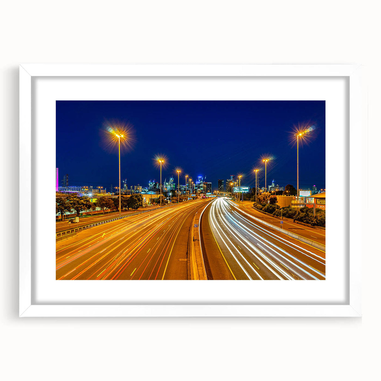 Extra large abstract art print of Melbourne scenery in textured style, framed with a white mat, suited for living room decor.