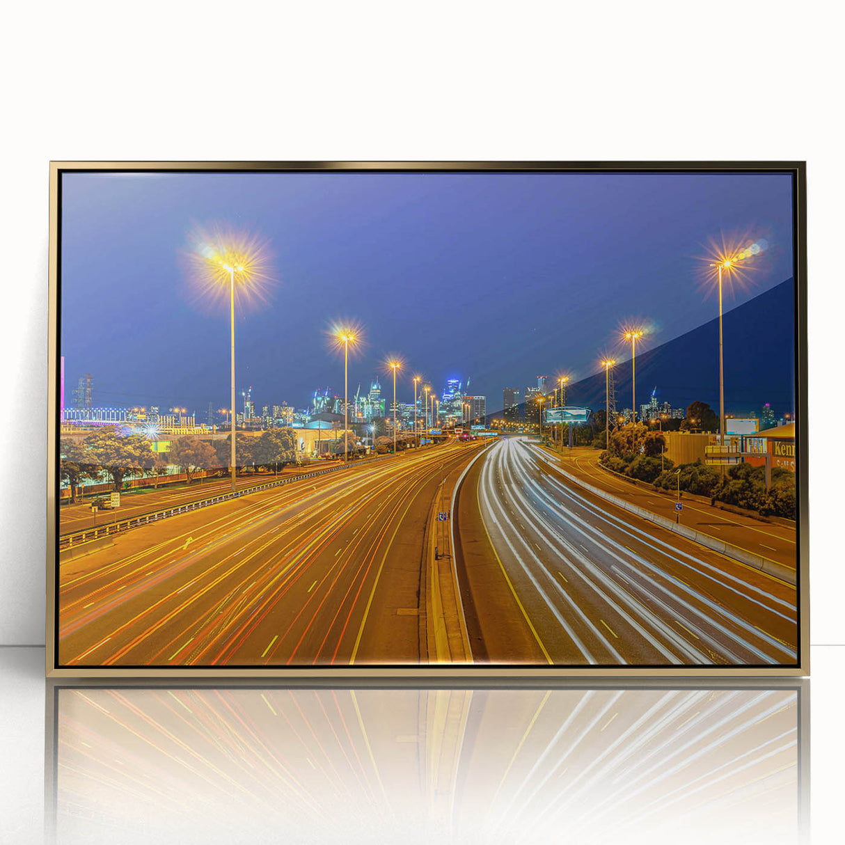 Mid-century modernist art depicting Melbourne skyline in muted gold tones on framed acrylic, great for nursery wall art.