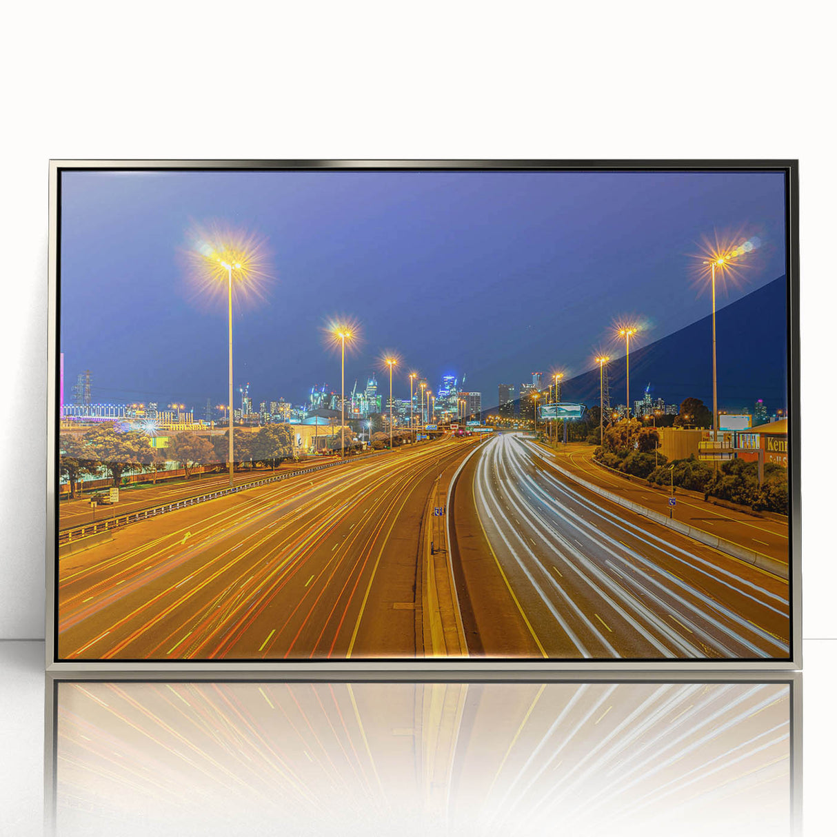 Acrylic print of Melbourne skyline in art deco style with silver frame, suitable for modern art wall decor.