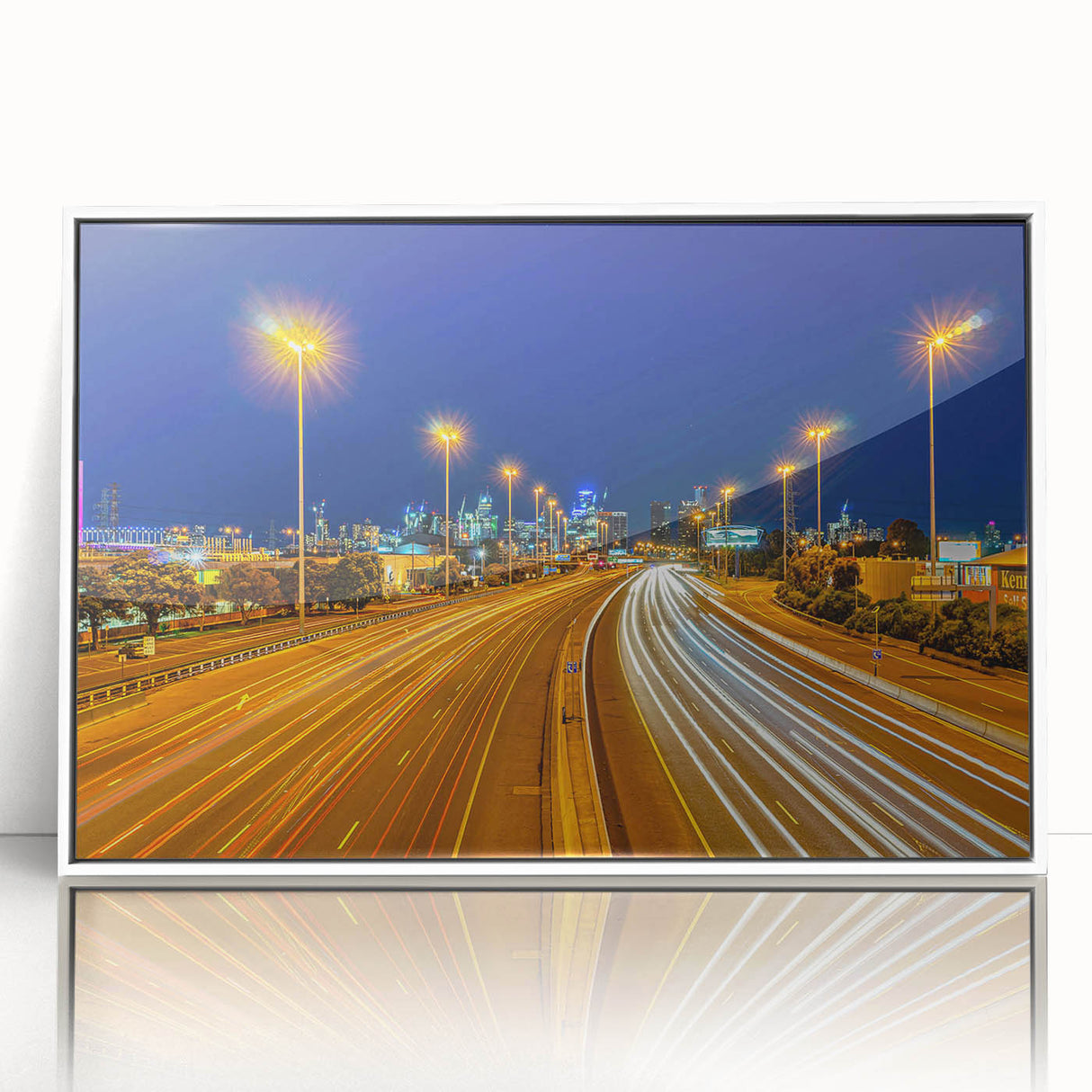 Framed acrylic print of Melbourne skyline in muted gray tones, suitable for modern art wall decor.