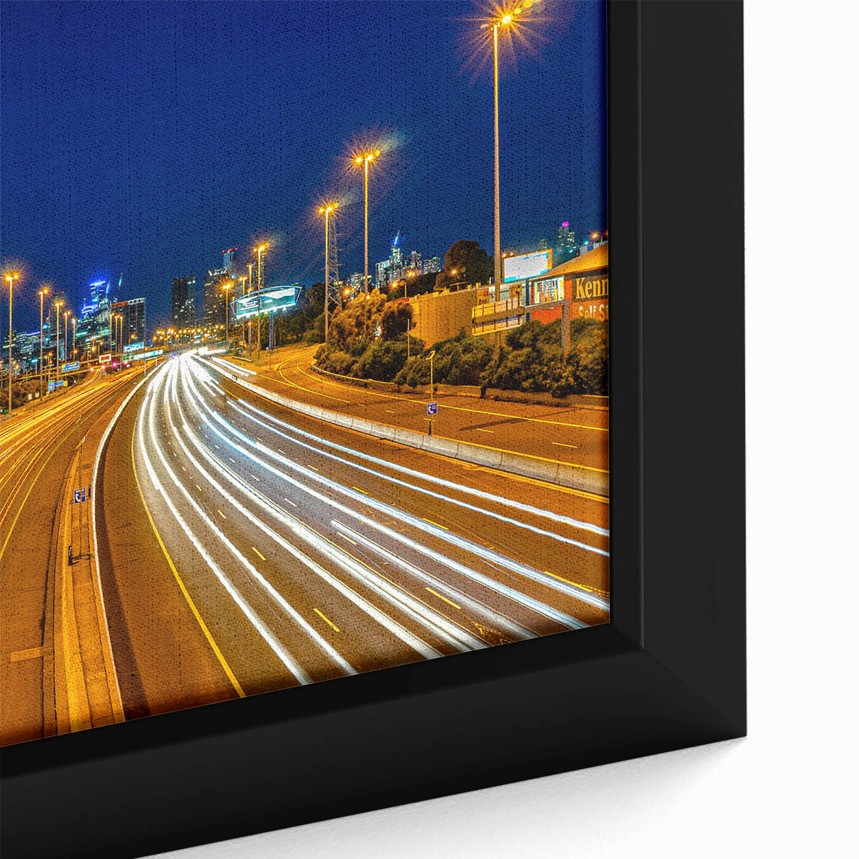 Extra large framed canvas depicting a textured Melbourne skyline in black with colorful accents, ideal for living room decor.