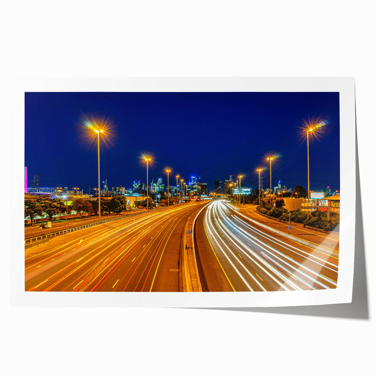 Panoramic Melbourne skyline in muted gray and blue tones on a rolled canvas, ideal for dining room wall art.