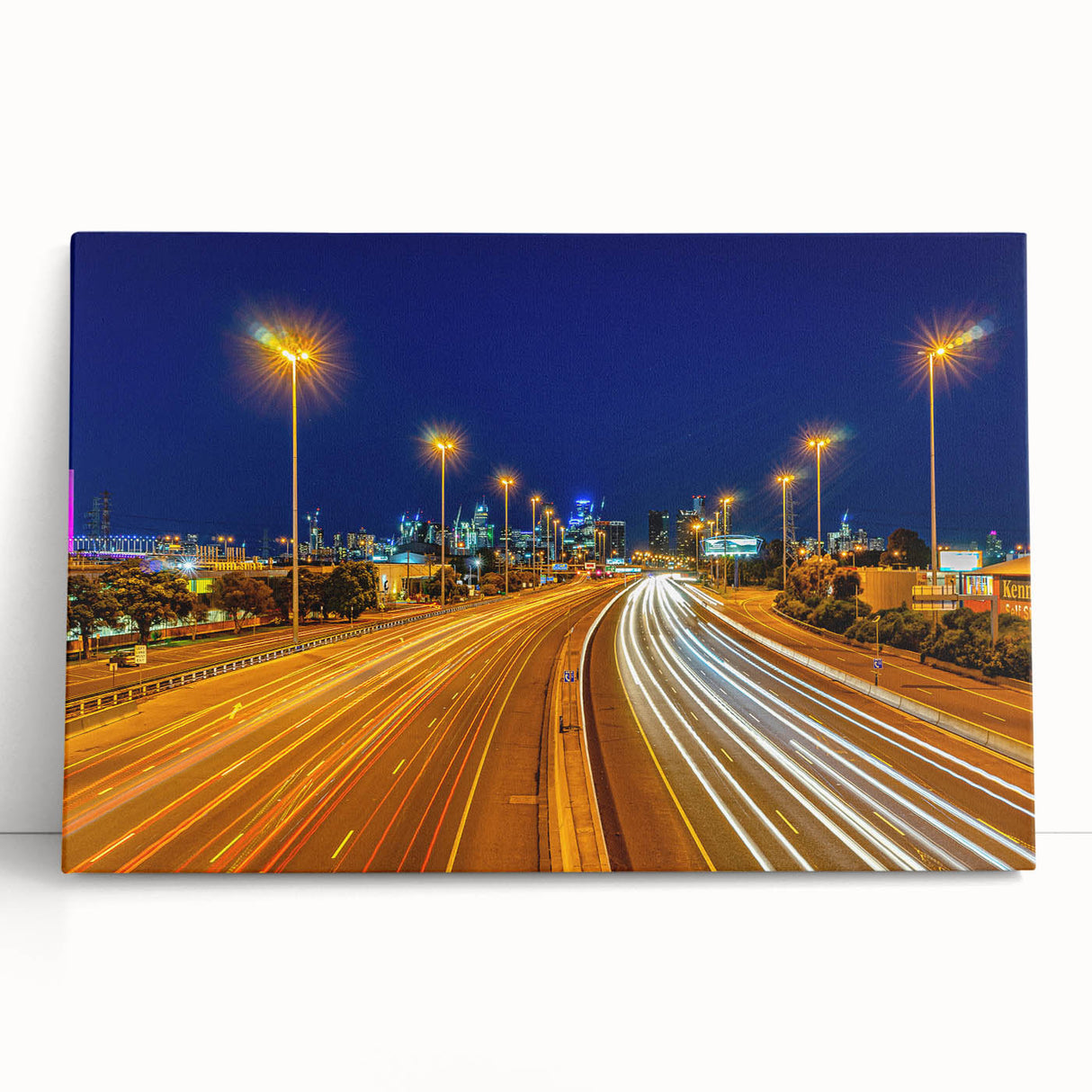 Black and white stretched canvas featuring a large Melbourne cityscape, ideal for kitchen wall art or bedroom ambiance.