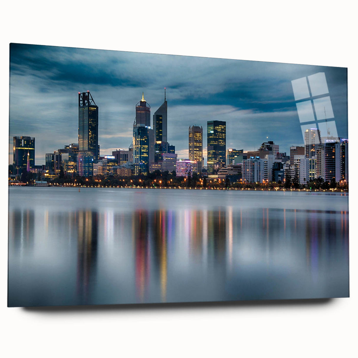 Large abstract wall art depicting a vibrant sunset over Perth, Australia, printed on acrylic glass.