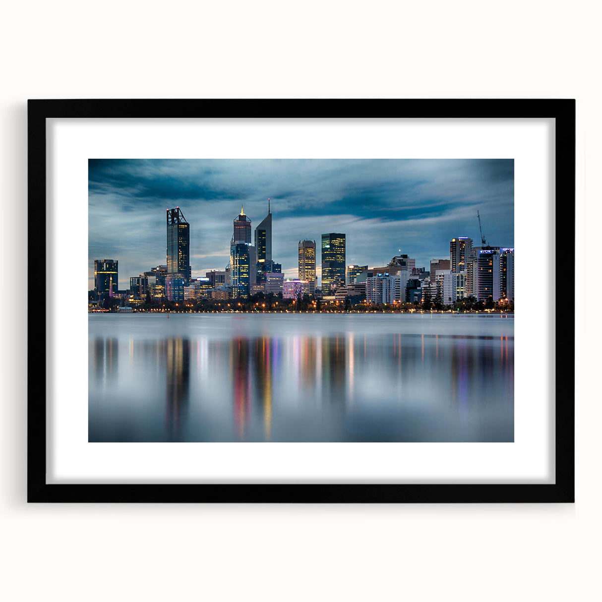 Abstract art print depicting colorful, textured scenery of Perth, Australia on a large framed canvas.