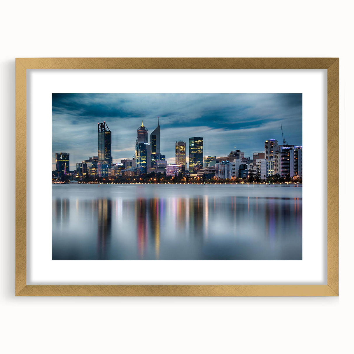 Textured art print of Perth skyline in abstract style with muted gold and blue tones, framed with a gold mat.