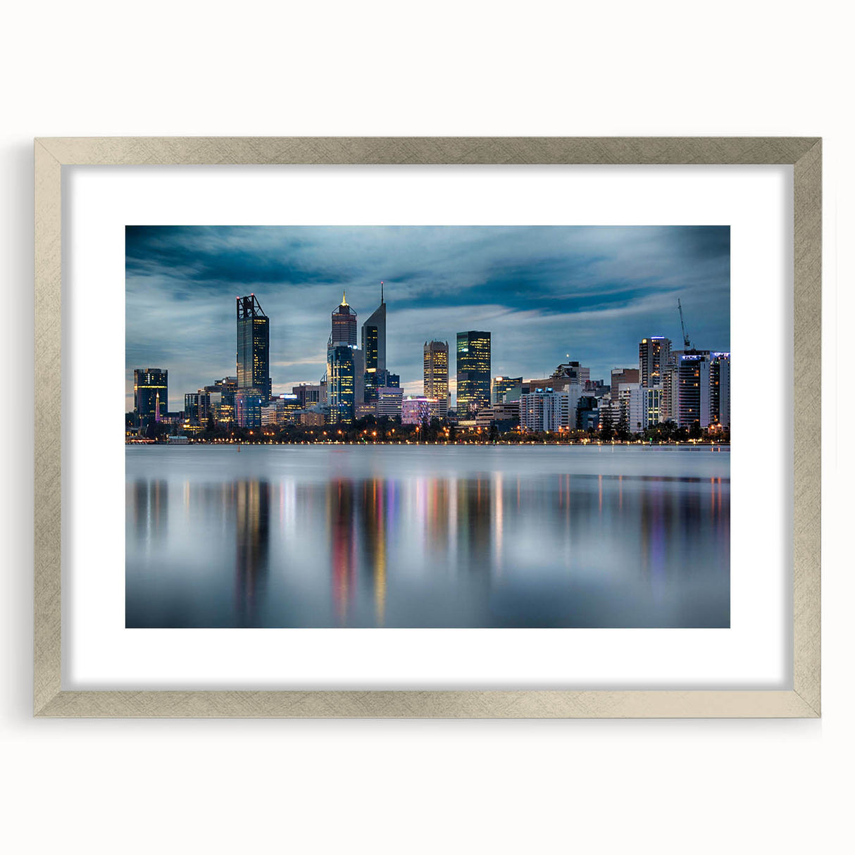 Abstract art print of Perth skyline in muted gray and blue tones on a framed poster, ideal for dining room decor.