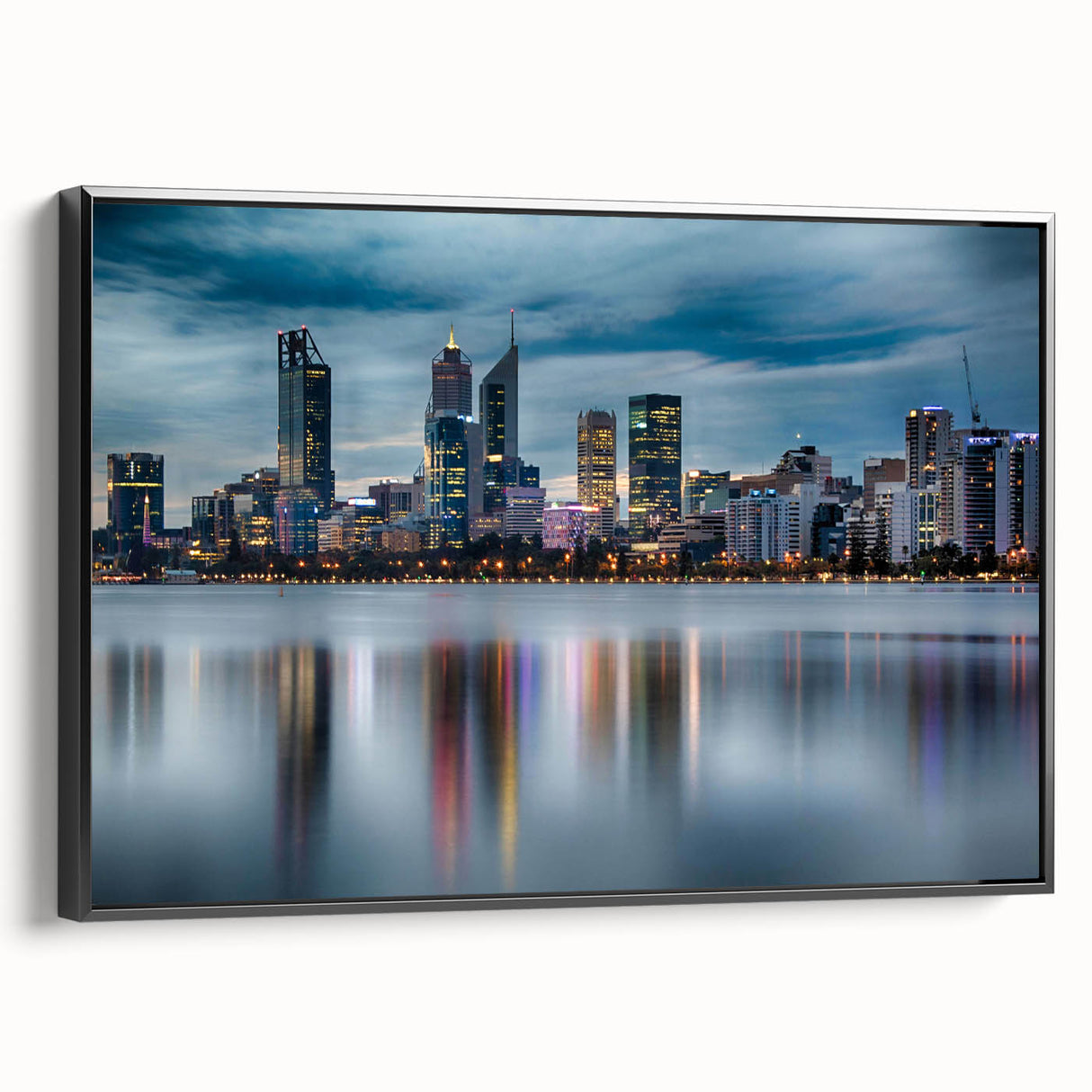 Black and white framed canvas of Perth landscape, vintage poster style, ideal for bedroom wall decor.