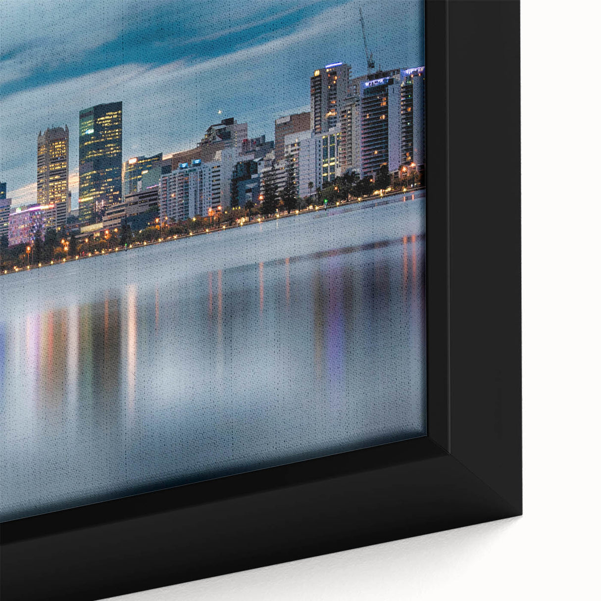 Extra large framed canvas of a textured, colorful Perth skyline on a black background, ideal for living room decor.
