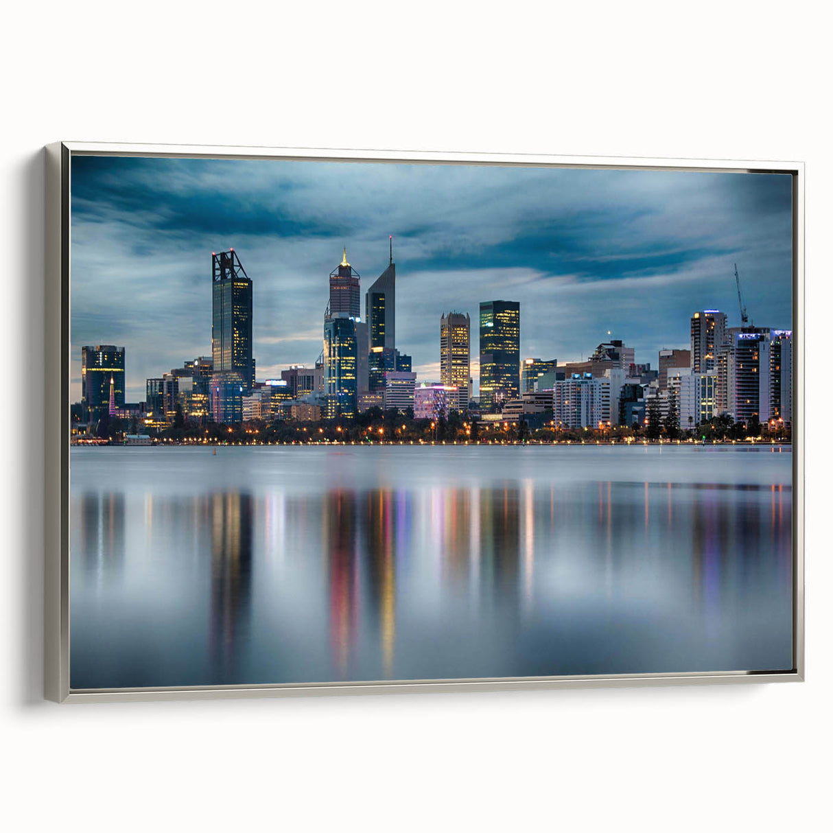 Vintage poster art of Perth skyline in colorful hues on extra large framed canvas, ideal for living room decor.