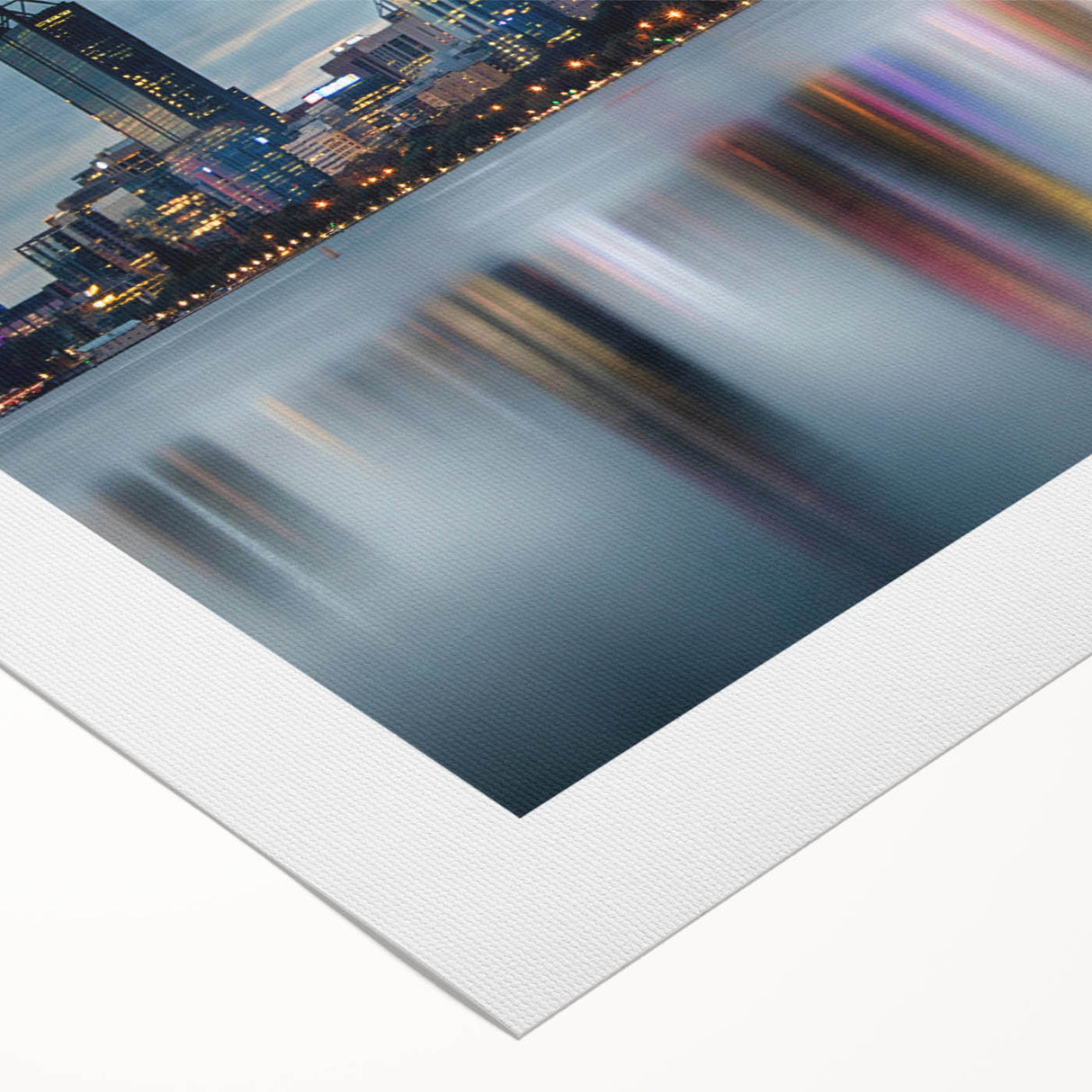 Art deco poster of Perth skyline in muted blue tones on rolled canvas, ideal for dining room wall art.