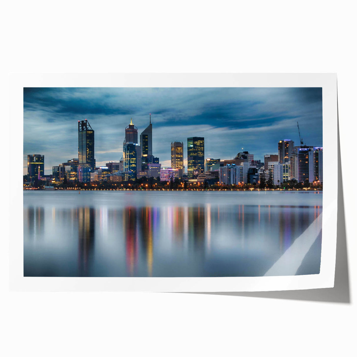 Extra large rolled canvas print depicting the Perth skyline with soft pink and blue twilight hues.