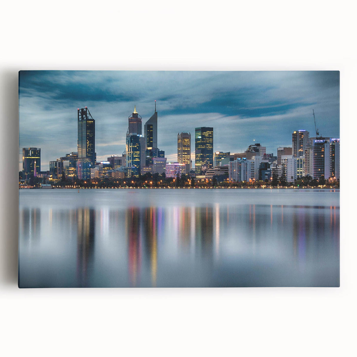Large black and white stretched canvas of Perth skyline, ideal for kitchen wall art.