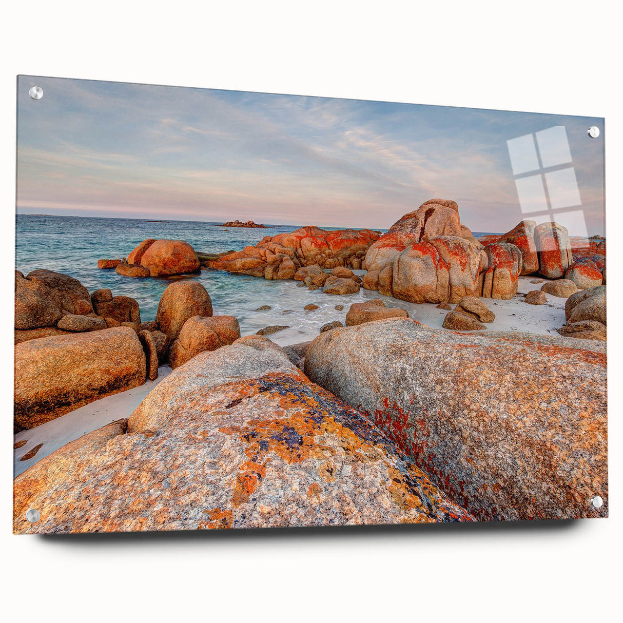 Large abstract wall art of Tasmania scenery on acrylic glass, with cool blue and green tones.