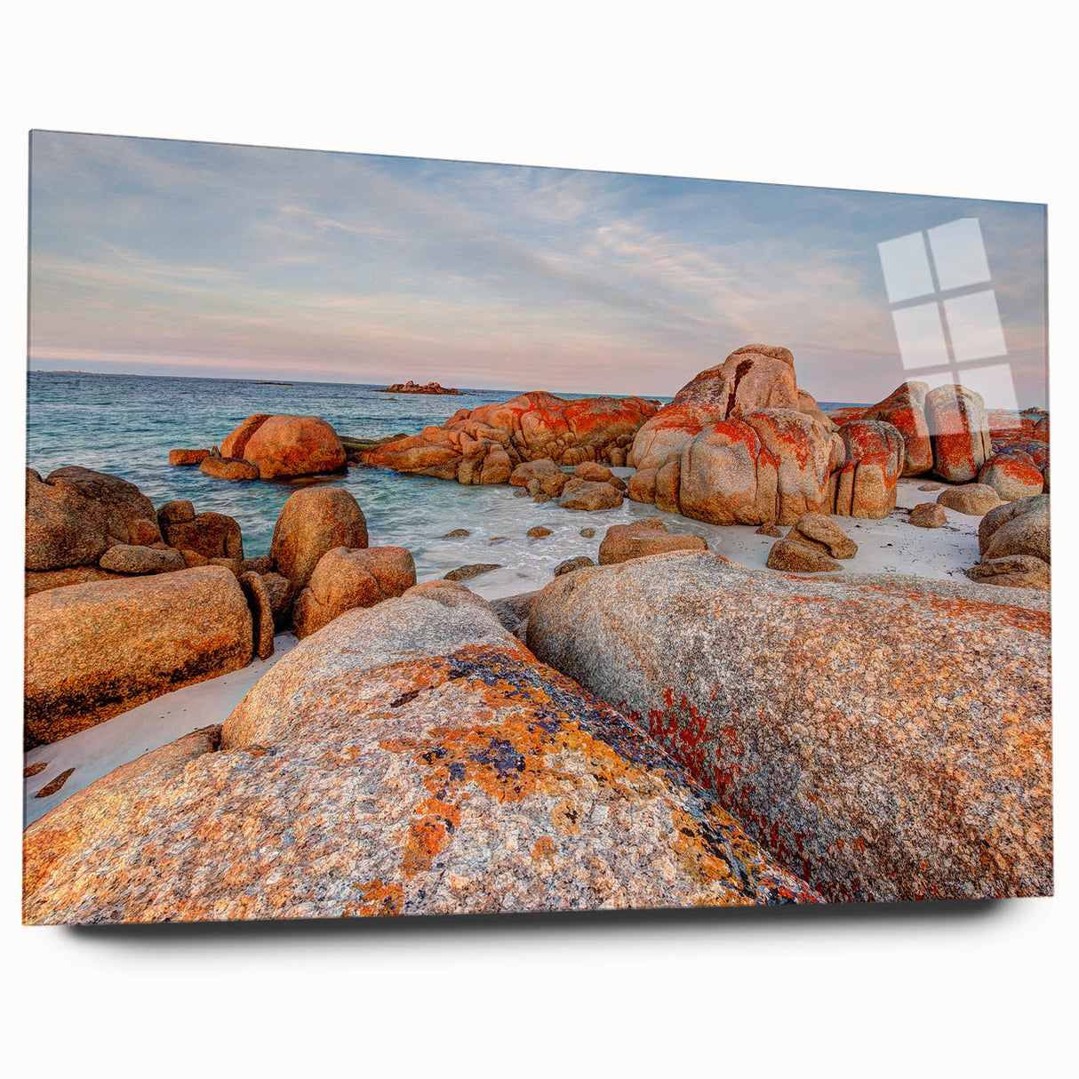 Large abstract wall art of Tasmania's landscape in muted earth tones on acrylic glass, suitable for bedroom or dining room.