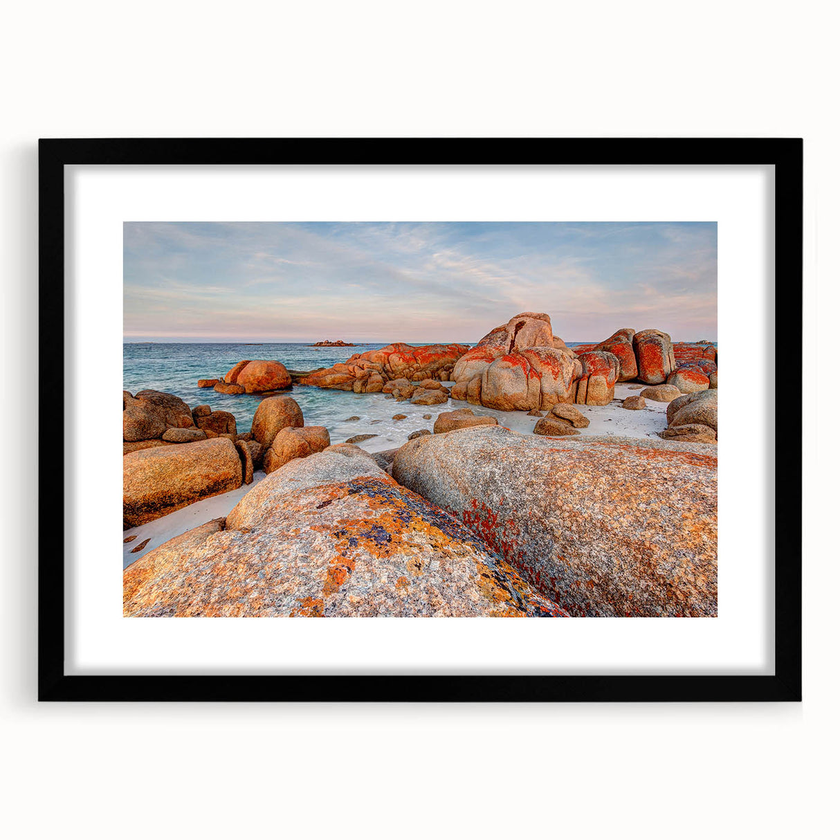 Abstract art print of colorful, textured scenery in Tasmania on a large canvas with a black frame.