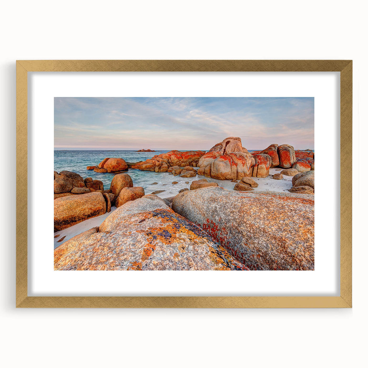 Abstract art print of Tasmania scenery in muted earth tones on a gold-framed canvas, suitable for dining room decor.
