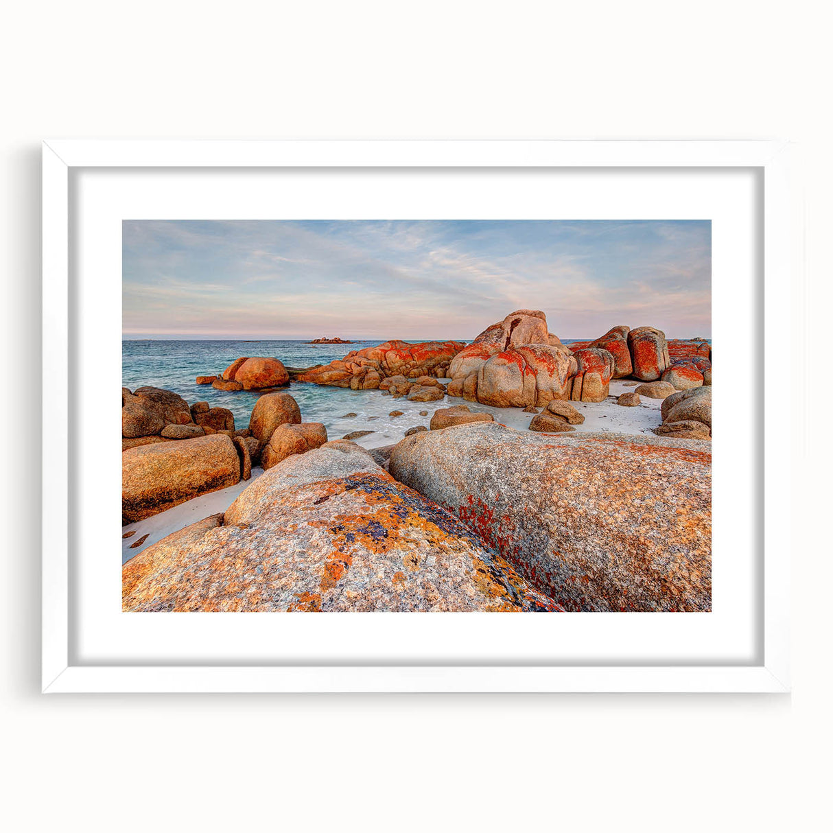 Textured abstract art print of Tasmania scenery in muted earth tones, framed with a white mat, suitable for bedroom decor.