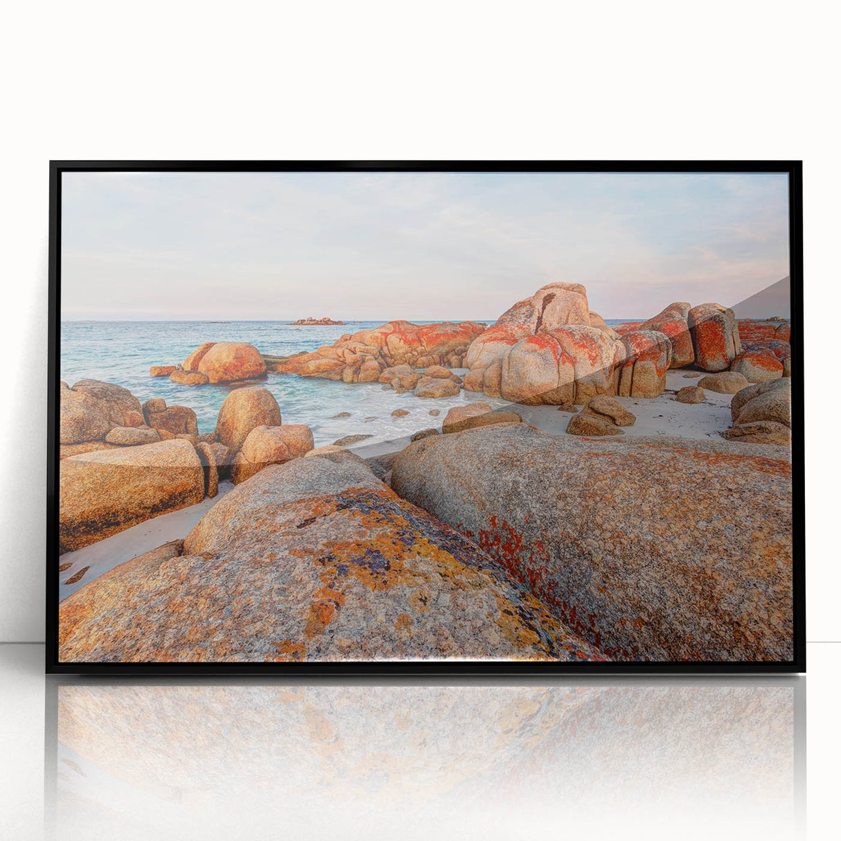 Large abstract wall art of Tasmania scenery in muted earth tones on acrylic, framed in black, suitable for living room decor.